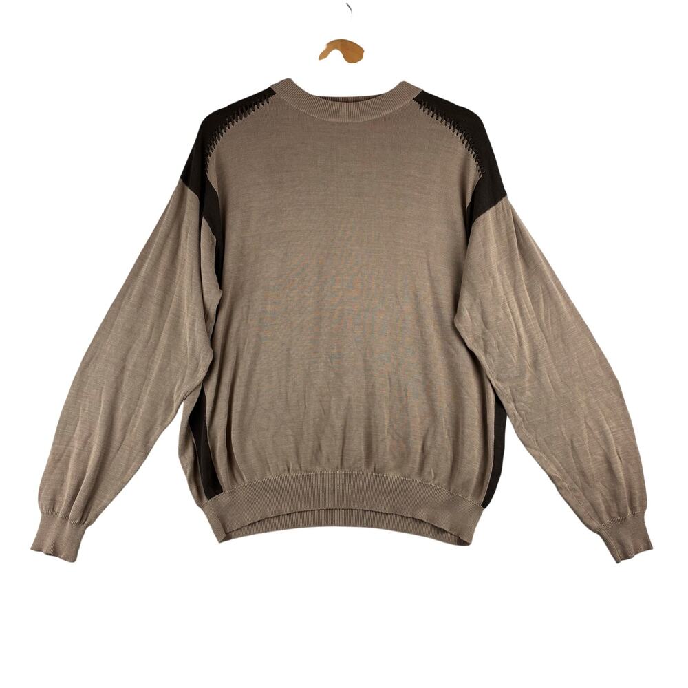 Vintage Genelli Silk Cotton Long Sleeve Men's Sweater XL Colorblock Quiet Luxury